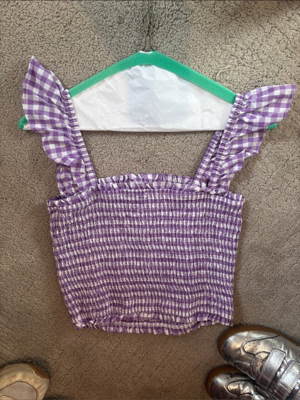 Girls Purple Gingham Smocked Tank Top with Tie Straps